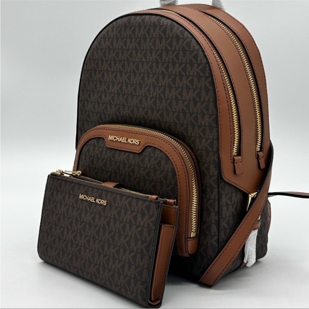 Michael Kors Medium Jaycee Zip Packet Backpack &Double Zip Wallet Wristlet Brown - Picture 2 of 16